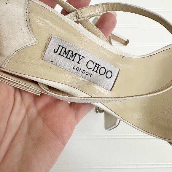 Jimmy Choo Meira 85 Heeled Sandals Off-White Latte Crystal Rhinestone Heels 38.5 - Picture 3 of 13
